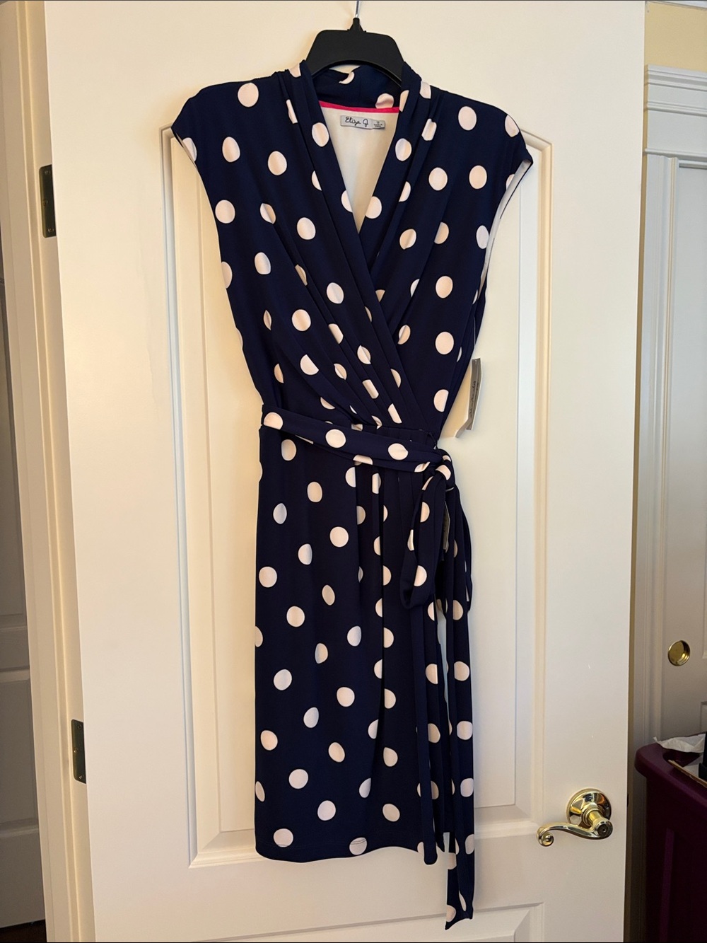 Eliza J Navy and White Polka Dot Midi Wrap Dress